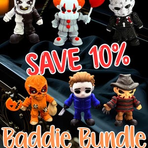 May include: A collection of seven horror movie character figurines. The figurines include a clown with a red balloon, a character with pins in their head, and others. The text "SAVE 10%" and "Baddie Bundle Part 1" are also visible.