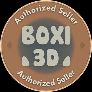 May include: A circular brown and gray graphic with the text "Authorized Seller" in white around the edge. The words "BOXI 3D" are in the center in a bold, off-white font.