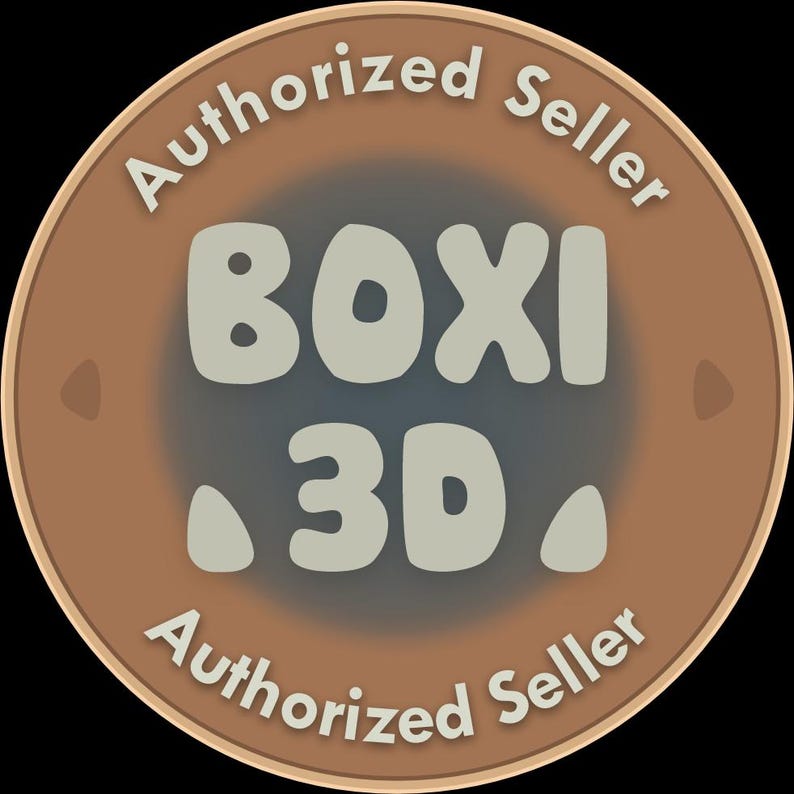 May include: A circular brown and gray graphic with the text "Authorized Seller" in white around the edge. The words "BOXI 3D" are in the center in a bold, off-white font.