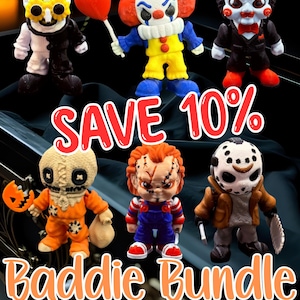 May include: A collection of colorful horror-themed figurines, including a clown, a doll, and a figure in a suit. The text "SAVE 10%" and "Baddie Bundle Part 2" are displayed in the image.