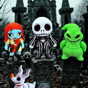 May include: A group of figurines from The Nightmare Before Christmas. Sally with red hair and a patchwork dress, Jack Skellington in a pinstripe suit, and Oogie Boogie in green. Zero the ghost dog is also present. The figures are displayed on tombstone pedestals.