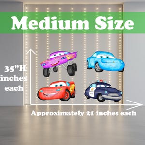 May include: Four cartoon car decals in various colours, including red, blue, purple, and navy. Each car is approximately 53 cm wide and 89 cm high. The text "Medium Size" is at the top.