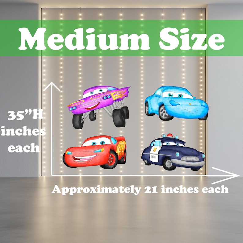 May include: Four cartoon car decals in various colours, including red, blue, purple, and navy. Each car is approximately 53 cm wide and 89 cm high. The text "Medium Size" is at the top.