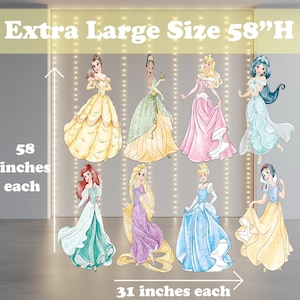 May include: Set of 8 princess character cutouts, each measuring 58 inches tall and 31 inches wide. The princesses are Belle, Ariel, Rapunzel, Cinderella, Snow White, Jasmine, Aurora, and Pocahontas. The cutouts are printed on a white background.