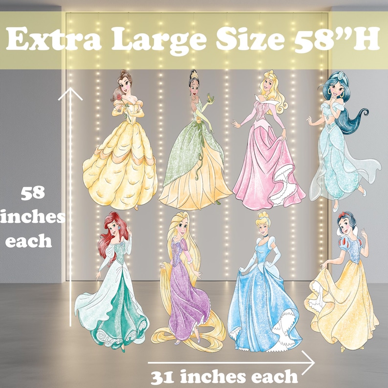May include: Set of 8 princess character cutouts, each measuring 58 inches tall and 31 inches wide. The princesses are Belle, Ariel, Rapunzel, Cinderella, Snow White, Jasmine, Aurora, and Pocahontas. The cutouts are printed on a white background.