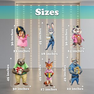 Puede incluir: Recortes de cart&oacute;n de personajes de la pel&iacute;cula Zootopia, incluyendo a Judy Hopps y Nick Wilde, con tem&aacute;tica de cumplea&ntilde;os. Los personajes sostienen regalos o llevan sombreros de fiesta. Los recortes var&iacute;an en tama&ntilde;o, el m&aacute;s alto mide 114 cm. La palabra "Sizes" est&aacute; arriba.