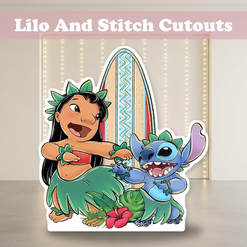 Lilo and Stitch Cutout Set, Party Decor, Birthday Party Props, Surf Backdrop, Baby Shower Decor, Life Size Cutout, Standee, Centerpieces Bild 1