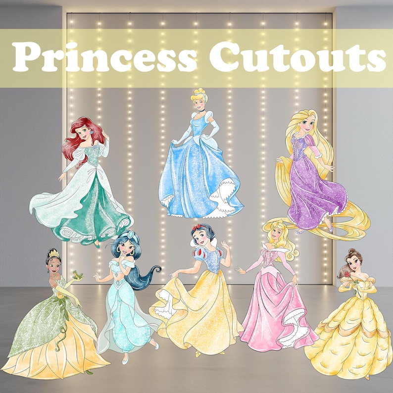 May include: A set of nine princess cutouts featuring various Disney princesses, including Ariel, Cinderella, Snow White, Belle, and Rapunzel. The cutouts are colorful and detailed, with each princess wearing her signature dress.
