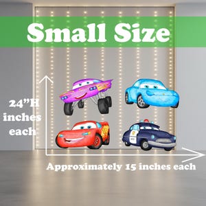 May include: Four cartoon car decals in various colours. The decals are approximately 38 cm each in width and 61 cm in height. The cars include a purple monster truck, a blue car, a red car, and a navy blue police car. The text "Small Size" is at the top.