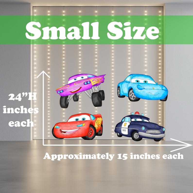 May include: Four cartoon car decals in various colours. The decals are approximately 38 cm each in width and 61 cm in height. The cars include a purple monster truck, a blue car, a red car, and a navy blue police car. The text "Small Size" is at the top.
