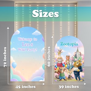 Puede incluir: Dos fondos de fiesta arqueados. Uno mide 183 cm de alto y 114 cm de ancho, con el texto "Welcome to Leo's Wild Party!". El otro mide 152 cm de alto y 99 cm de ancho, con el texto "Zootopia" y personajes de dibujos animados.