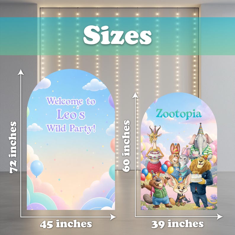 Puede incluir: Dos fondos de fiesta arqueados. Uno mide 183 cm de alto y 114 cm de ancho, con el texto "Welcome to Leo's Wild Party!". El otro mide 152 cm de alto y 99 cm de ancho, con el texto "Zootopia" y personajes de dibujos animados.