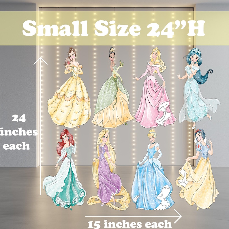 May include: Set of 10 Disney princess cutouts, each measuring 24 inches tall and 15 inches wide. The princesses are depicted in their iconic gowns, including Belle, Ariel, Cinderella, Snow White, Jasmine, Tiana, Rapunzel, Aurora, Mulan, and Pocahontas.