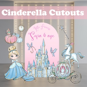 May include: Cinderella Cutouts with a princess theme. The image features a Cinderella character, a castle, a carriage, and other related elements. The text "Cinderella Cutouts" is at the top, and "Little Princess Sofia 6 age" is in the center.