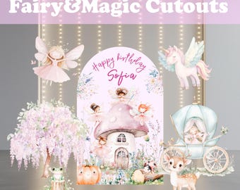 Watercolor Fairy Garden Cutouts, Fairy First Birthday, Pink Birthday Decor, Whimsical Baby Shower, Yard Sign, Princess, Unicorn Party Props