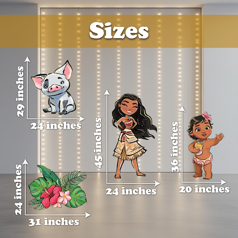 May include: Image featuring cartoon cutouts of characters and tropical foliage. The image includes a pig, a woman, a baby, and a floral arrangement. The text "Sizes" is at the top. The pig is 29 inches tall and 24 inches wide. The woman is 45 inches tall and 24 inches wide.