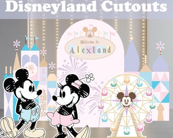 Recorte de tema de Disneyland, noria, Mickey Mouse, Minnie Mouse, cumpleaños de Disney, accesorios de stand-up para fiestas, fondo de baby shower, decoración de castillo