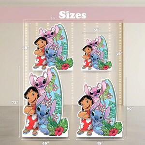 May include: Four Lilo and Stitch character cutouts in varying sizes. Each features Lilo, Stitch, and Angel standing before a surfboard with tropical flowers and leaves. Dimensions are labeled as 48 by 40 inches, 36 by 30 inches, 72 by 45 inches, and 60 by 45 inches.