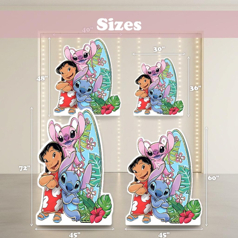May include: Four Lilo and Stitch character cutouts in varying sizes. Each features Lilo, Stitch, and Angel standing before a surfboard with tropical flowers and leaves. Dimensions are labeled as 48 by 40 inches, 36 by 30 inches, 72 by 45 inches, and 60 by 45 inches.