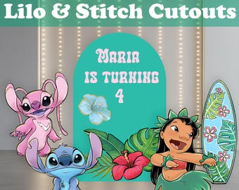 Zestaw wycinanek Lilo i Stitch, dekoracje na przyjęcia, rekwizyty na przyjęcia urodzinowe, tło do surfingu, dekoracje na baby shower, wycinanki w rozmiarze rzeczywistym, podstawki, ozdoby centralne