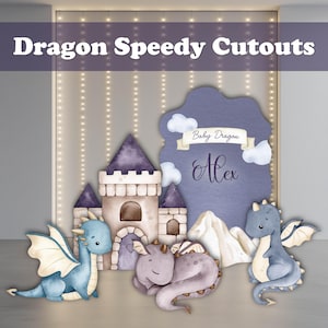May include: Dragon Speedy Cutouts. A collection of whimsical dragon-themed cutouts. Includes a castle, mountains, and several dragons in shades of blue and purple. One cutout features the text "Baby Dragon Alex".