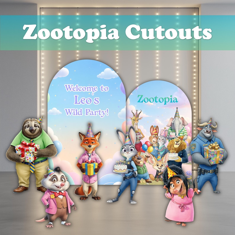 Puede incluir: Recortes de personajes de Zootopia, incluyendo un perezoso, un zorro y un conejo, frente a un tel&oacute;n de fondo con el texto "Welcome to Leo's Wild Party!" y "Zootopia". Ideal para fiestas tem&aacute;ticas.