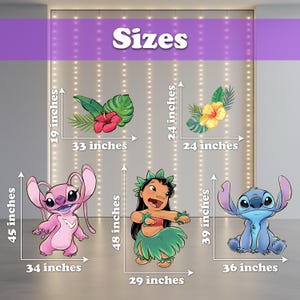 May include: Wall decals featuring characters and tropical flowers. The image shows the size of each decal in inches. The characters include a pink alien, a girl in a grass skirt, and a blue alien. The flowers include red hibiscus and yellow flowers.