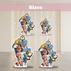 May include: Four Zootopia character cutouts featuring Nick Wilde, Judy Hopps, and other animals with party hats and gifts. The image displays dimensions in inches, showing sizes of 48 by 35 inches, 36 by 26 inches, 72 by 45 inches, and 60 by 43 inches.