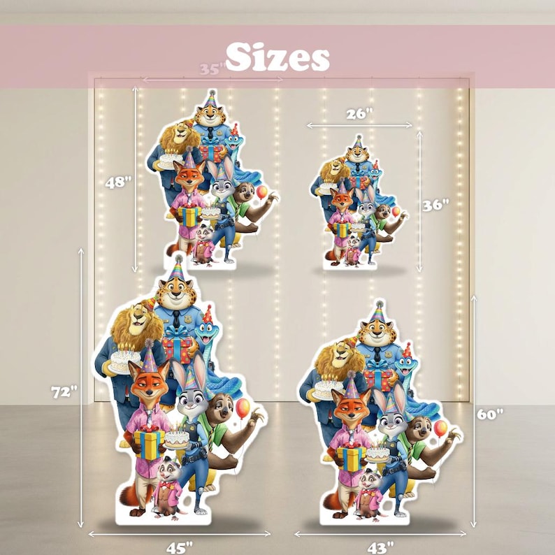 May include: Four Zootopia character cutouts featuring Nick Wilde, Judy Hopps, and other animals with party hats and gifts. The image displays dimensions in inches, showing sizes of 48 by 35 inches, 36 by 26 inches, 72 by 45 inches, and 60 by 43 inches.