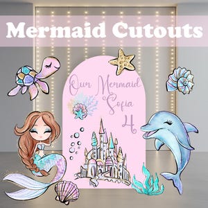 Mermaid Cutout Set, Under the Sea Party, Birthday Decor, Seashells, Pink Backdrop, Baby Shower, Mermaid Tails Standee, Pastel Centerpieces
