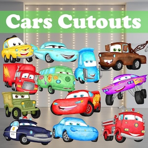 May include: A collection of cartoon car cutouts in various colours, including yellow, blue, red, and green. The image features a red fire engine and a green van with flower designs. The text "Cars Cutouts" is at the top.