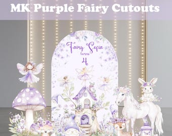May include: Purple fairy cutouts with the text "MK Purple Fairy Cutouts". The image features a fairy-themed birthday scene with a mushroom, a fox, a gnome, a house, a deer, a horse, a rabbit, and a lantern. The text "Fairy Sofia turns 4" is also visible.