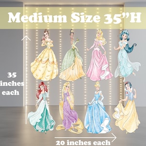 May include: Set of eight 35-inch tall Disney princess cutouts. The princesses are Belle, Tiana, Ariel, Rapunzel, Cinderella, Snow White, Jasmine, and Aurora. Each cutout is 20 inches wide.