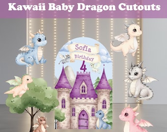 Wycinanki z Baby Dragons, Baby Shower z Dragons, Bajkowe urodziny, Kawaii Dragon Birthday Party, Niestandardowe tło, Zamek, Książka z opowieściami, Rekwizyty