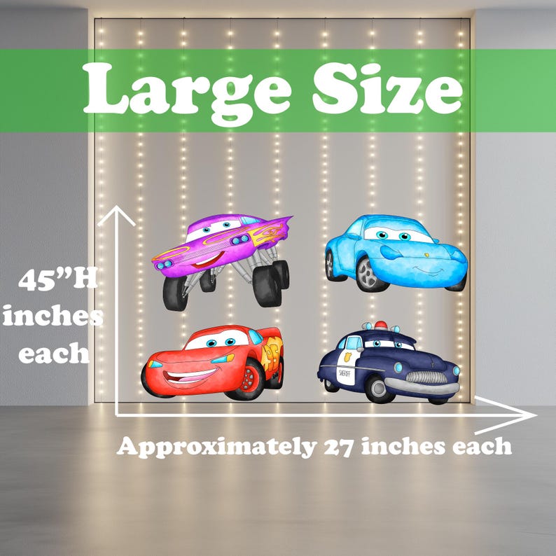 May include: Four cartoon car decals. The decals include a purple monster truck, a blue car, a red car, and a navy blue police car. The decals are approximately 69 cm each and 114 cm high. The words "Large Size" are at the top.