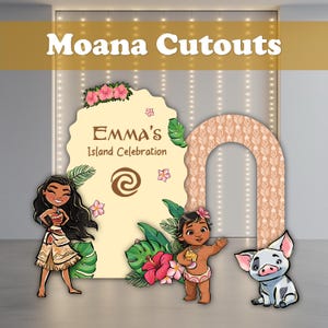 May include: Cutout decorations featuring characters from the animated film Moana. The set includes a large sign with the text "Emma's Island Celebration", a decorative arch, and character cutouts of Moana, a baby Moana, and Pua the pig.
