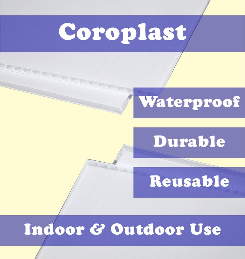 Puede incluir: Material Coroplast blanco con las palabras "Waterproof", "Durable", "Reusable" y "Indoor & Outdoor Use" en texto blanco sobre un fondo p&uacute;rpura. El material se muestra en &aacute;ngulo.