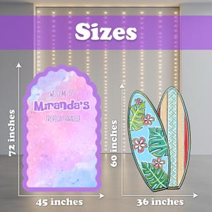 May include: A large, purple-edged sign with the text "Welcome to Miranda's Tropical Paradise" is 72 inches tall and 45 inches wide. Two surfboards, 60 inches tall and 36 inches wide, are decorated with tropical flowers and leaves. The word "Sizes" is at the top.
