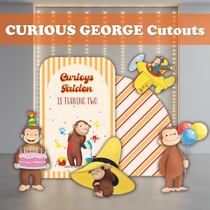 May include: Cutouts featuring Curious George characters. The image includes a birthday-themed cutout with the text "Curious Jaiden Is Turning Two." Other cutouts include George with a cake, balloons, and a yellow airplane.