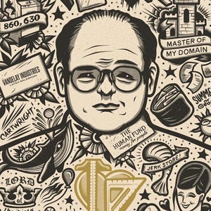 May include: A tattoo-style illustration with the phrase "we are living in a society!" and a portrait of a man wearing glasses. The design includes various pop culture references, such as "Frogger", "KOKO 00", and "Jerk Store!" in black and gold.