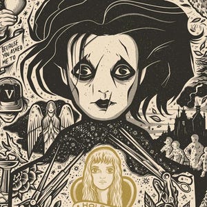 May include: Black and white illustration featuring a central figure with dark hair and a pale complexion. The artwork includes scissors, angels, and the text "I am not-complete" and "Hold Me". The overall theme is gothic and artistic.