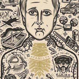 May include: A black and white illustration featuring a portrait of a man surrounded by various themed images. The text at the top reads "LITTLE FULL, LOTTA SAP." Other text includes "HEY KIDS LOOK!" and "BEST TO LET HIM FINISH." A Christmas tree is in the center.