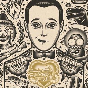 May include: A tattoo-style design with a central portrait wearing a bow tie, surrounded by traditional tattoo imagery. Includes a heart with a bicycle, banners reading "LONER" and "REBEL", and other classic tattoo motifs. The color scheme is black, white, and gold.