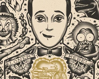 PeeWee Herman Tattoo Style Kunstdruck - Pop Kultur Siebdruck Wandkunst, Paul Reubens Poster, 80s Home Decor