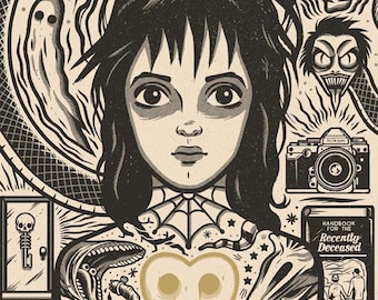 Lydia Deets Tattoo Style Art Print - Pop Culture Screen Print Wall Art, Tim Burton, Gothic Home Decor