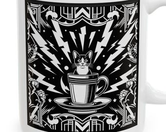 Art Deco Inspired Cat Coffee Mug with Lightning Bolts, Black & White Design Mug, Cat in a Cup, Black and White Monochrome Design mug