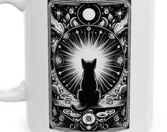 Mug, Mystical Cat Tarot Card Design, Cosmic Black and White Coffee Cup, Cat Lover Gift, Future Fortune Teller Tea Mug, Halloween Kitchen