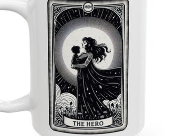 Mom the Hero Tarot Card Mug, Mother's Day Gift, Hero Mom Mug, Coffee Cup, Mother's Day, Mom Appreciation Gift, Black and White Mug
