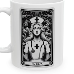 Regalo de homenaje y agradecimiento para enfermeras, taza de cerámica, diseño de la carta del tarot "La Enfermera Heroína", agradecimiento al personal sanitario, blanco y negro