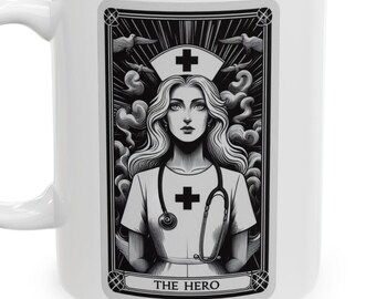 Tribute and Appreciation Gift for Nurses, Ceramic Mug, The Hero Nurse Tarot Card Design, Healthcare Worker Appreciation, Black and White